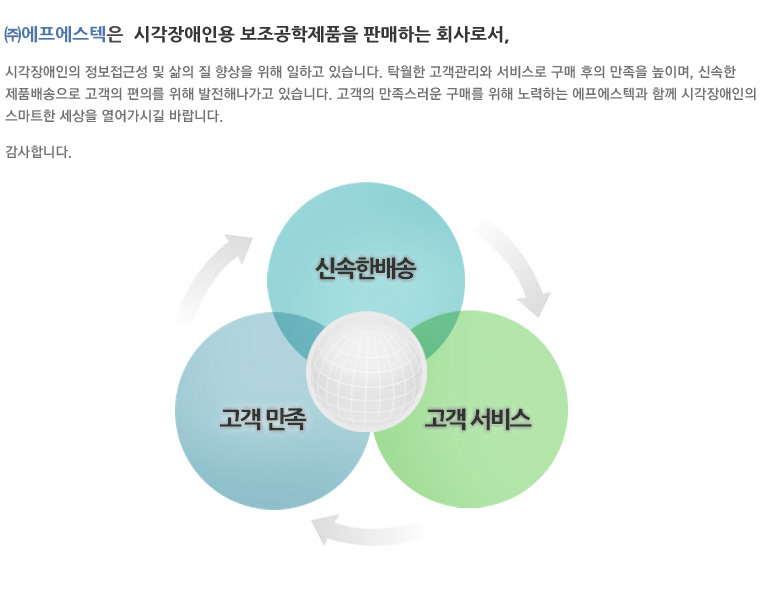 (주)에프에스텍은 시각장애인용 보조공학제품을 판매하는 회사로서, 시각장애인의 정보접근성 및 삶의 질 향상을 위해 일하고 있습니다. 탁월한 고객관리와 서비스로 구매 후의 만족을 높이며, 신속한 제품배송으로 고객의 편의를 위해 발전해나가고 있습니다. 고객의 만족스러운 구매를 위해 노력하는 에프에스텍과 함께 시각장애인의 스마트한 세상을 열어가시길 바랍니다. 감사합니다. 신속한 배송 / 고객만족 / 고객서비스